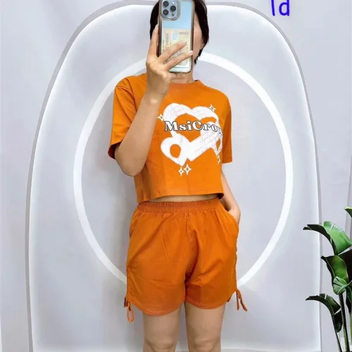 Đồ bộ quần đùi rút dây áo tay ngắn in hình trái tim