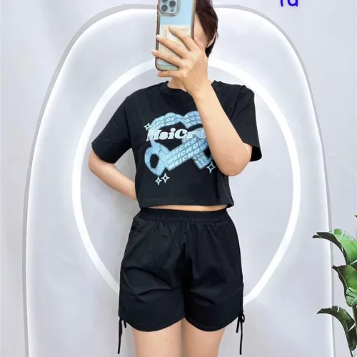 Đồ bộ quần đùi rút dây áo tay ngắn in hình trái tim