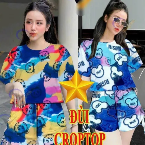 Đồ bộ quần đùi rút dây áo tay ngắn màu loang