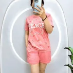 đồ bộ quần đùi trơn áo tay ngắn in chữ peace