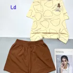 đồ bộ quần đùi trơn áo tay ngắn in hình nhiều mặt gấu