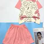 đồ bộ quần đùi trơn áo tay ngắn in hình nhiều thỏ