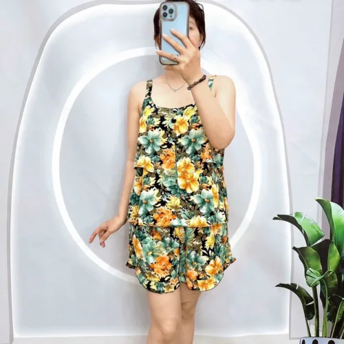 Đồ bộ quần đùi vải tonl áo hai tầng có nút