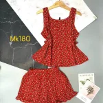 Đồ bộ quần đùi viền bèo áo dây hoạ tiết