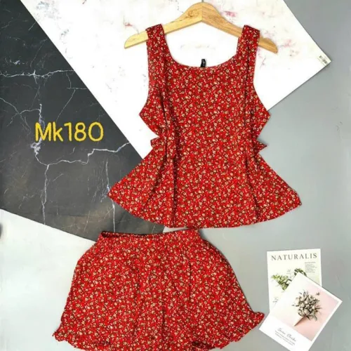Đồ bộ quần đùi viền bèo áo dây hoạ tiết