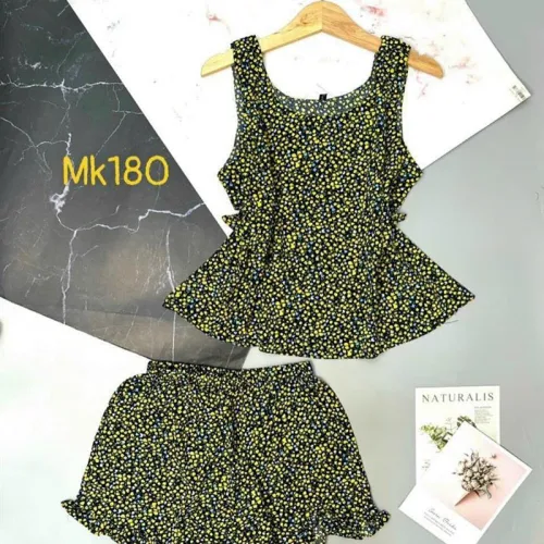 Đồ bộ quần đùi viền bèo áo dây hoạ tiết