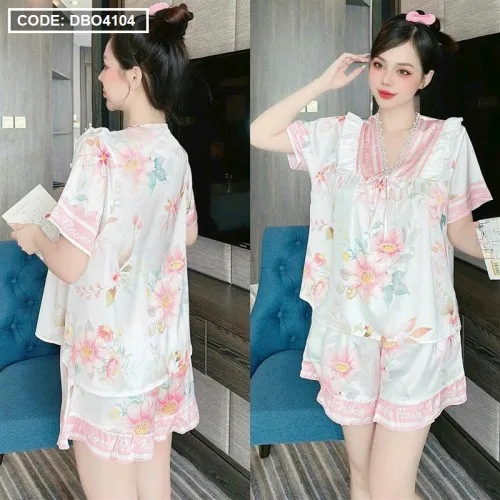 Đồ bộ quần đùi viền bèo áo tay ngắn cổ v phối viền bèo