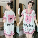 Đồ bộ quần đùi viền bèo áo tay ngắn cổ v phối viền bèo