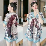 Đồ bộ quần đùi viền bèo áo tay ngắn cổ v phối viền bèo