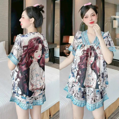 Đồ bộ quần đùi viền bèo áo tay ngắn cổ v phối viền bèo