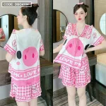 Đồ bộ quần đùi viền bèo áo tay ngắn cổ v phối viền bèo