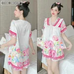 Đồ bộ quần đùi viền bèo áo tay ngắn cổ v phối viền bèo