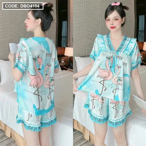 Đồ bộ quần đùi viền bèo áo tay ngắn cổ v phối viền bèo
