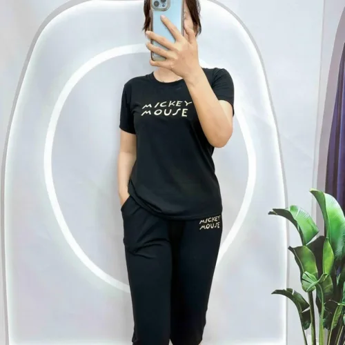 đồ bộ quần lỡ áo tay ngắn in chữ mickey mouse