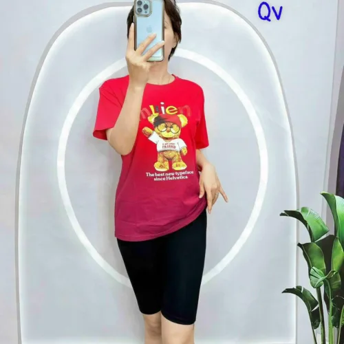 đồ bộ quần lỡ đen áo tay ngắn 2 màu loang in hình gấu