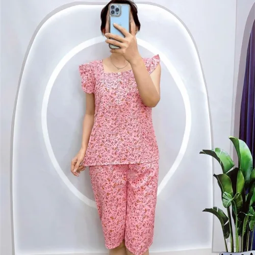 Đồ bộ quần lửng áo sát nách bèo cổ vuông hoạ tiết hoa