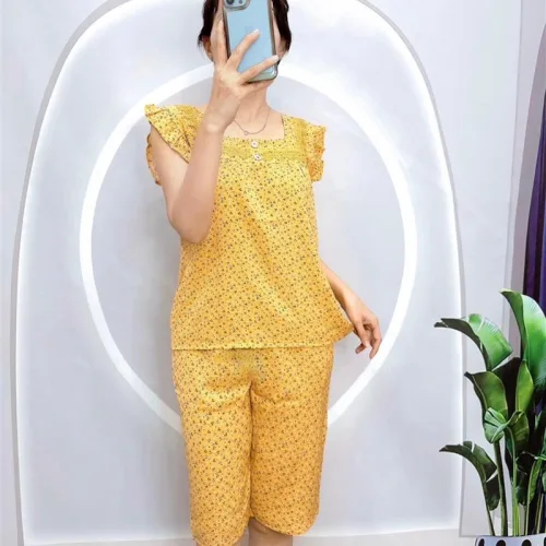 Đồ bộ quần lửng áo sát nách bèo cổ vuông hoạ tiết hoa