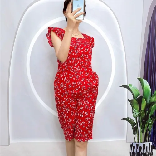 Đồ bộ quần lửng áo sát nách bèo cổ vuông hoạ tiết hoa