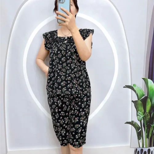 Đồ bộ quần lửng áo sát nách bèo cổ vuông hoạ tiết hoa