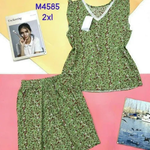 Đồ bộ quần lửng áo sát nách cổ v hoạ tiết
