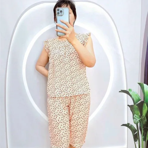 Đồ bộ quần lửng áo sát nách viền bèo hoạ tiết