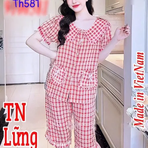 Đồ bộ quần lửng áo tay ngắn cổ lá sen caro