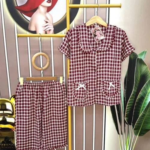 Đồ bộ quần lửng áo tay ngắn cổ lá sen caro