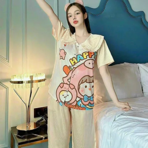 Đồ bộ quần lửng áo tay ngắn cổ lá sen hoạ tiết