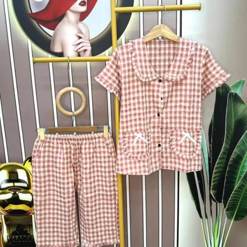 Đồ bộ quần lửng áo tay ngắn cổ sen caro