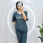 Đồ bộ quần lửng áo tay ngắn cổ tim in chữ form rộng