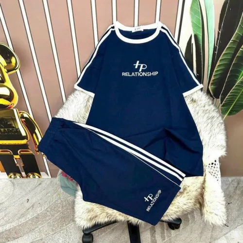 Đồ bộ quần lửng áo tay ngắn in chữ phối viền trắng
