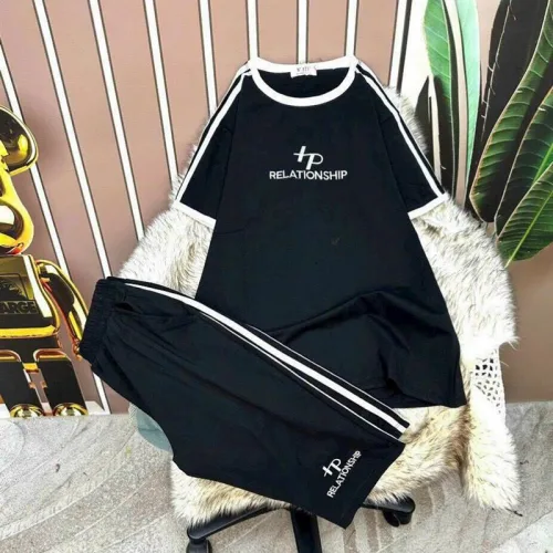 Đồ bộ quần lửng áo tay ngắn in chữ phối viền trắng
