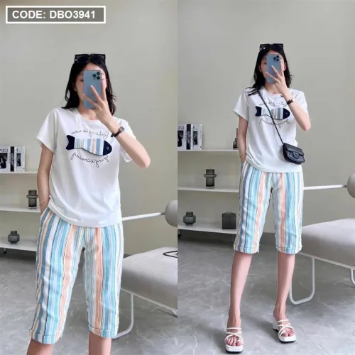Đồ bộ quần lửng áo tay ngắn in hình cá
