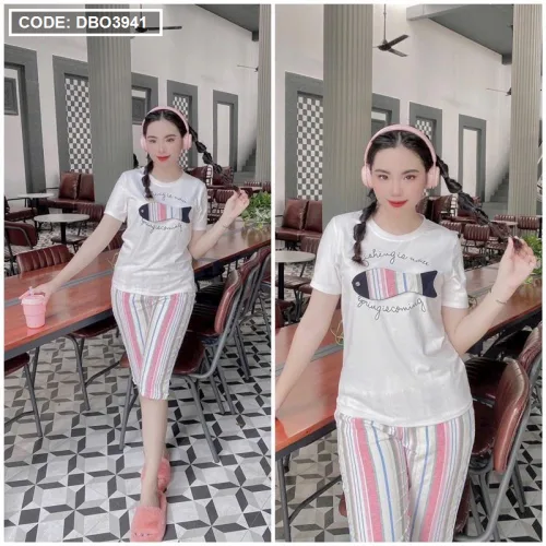 Đồ bộ quần lửng áo tay ngắn in hình cá
