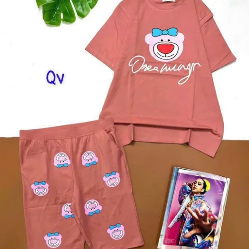 Đồ bộ quần lửng áo tay ngắn in hình gấu hồng