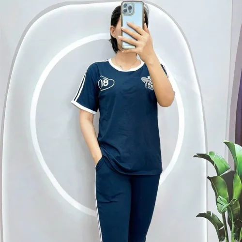 Đồ bộ quần lửng áo tay ngắn phối viền in hình