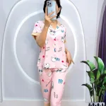 Đồ bộ quần lửng pijama áo tay ngắn cổ bẻ hoạ tiết