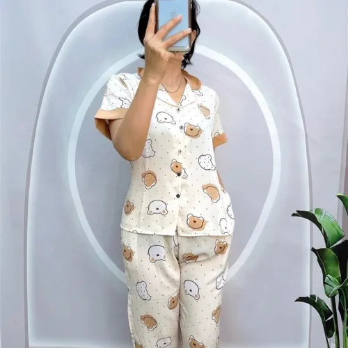 Đồ bộ quần lửng pijama áo tay ngắn cổ bẻ hoạ tiết