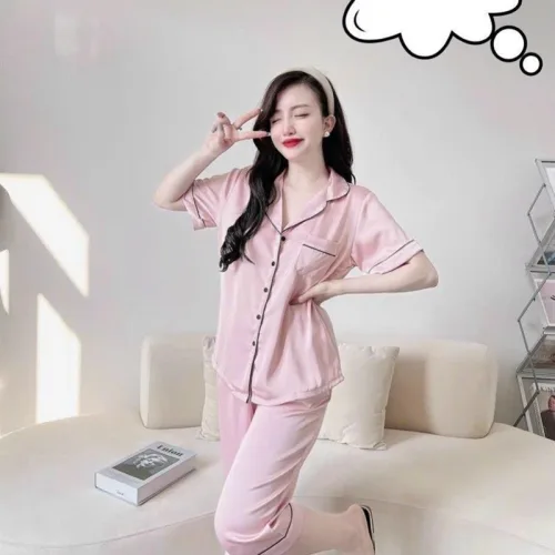 Đồ bộ quần lửng pijama áo tay ngắn cổ bẻ màu trơn