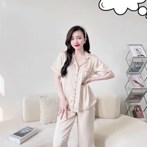 Đồ bộ quần lửng pijama áo tay ngắn cổ bẻ màu trơn