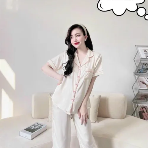 Đồ bộ quần lửng pijama áo tay ngắn cổ bẻ màu trơn