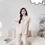 Đồ bộ quần lửng pijama áo tay ngắn cổ bẻ màu trơn