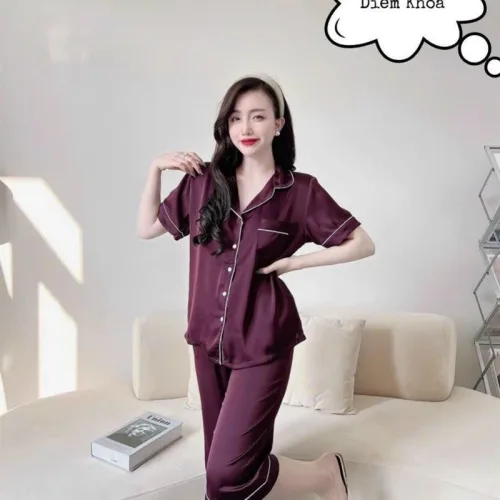 Đồ bộ quần lửng pijama áo tay ngắn cổ bẻ màu trơn