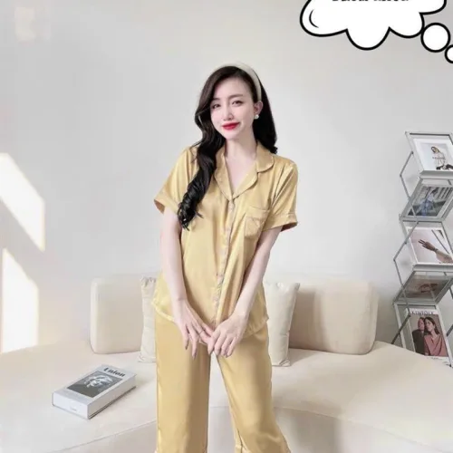 Đồ bộ quần lửng pijama áo tay ngắn cổ bẻ màu trơn