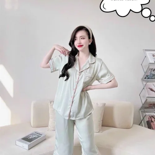 Đồ bộ quần lửng pijama áo tay ngắn cổ bẻ màu trơn