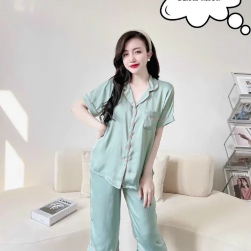 Đồ bộ quần lửng pijama áo tay ngắn cổ bẻ màu trơn