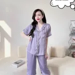 Đồ bộ quần lửng pijama áo tay ngắn cổ bẻ màu trơn