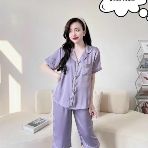 Đồ bộ quần lửng pijama áo tay ngắn cổ bẻ màu trơn