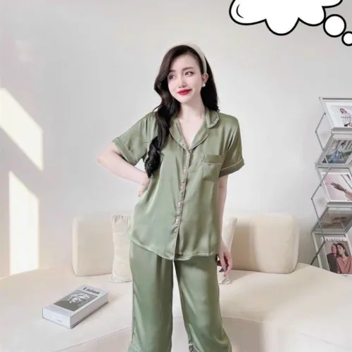 Đồ bộ quần lửng pijama áo tay ngắn cổ bẻ màu trơn