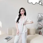 Đồ bộ quần lửng pijama áo tay ngắn cổ bẻ màu trơn